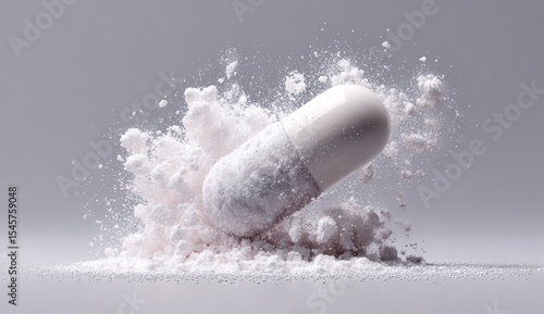 A white capsule bursts, releasing a cloud of fine white powder against a neutral grey backdrop.  The image emphasizes the disintegration and dispersal of the capsule's contents
