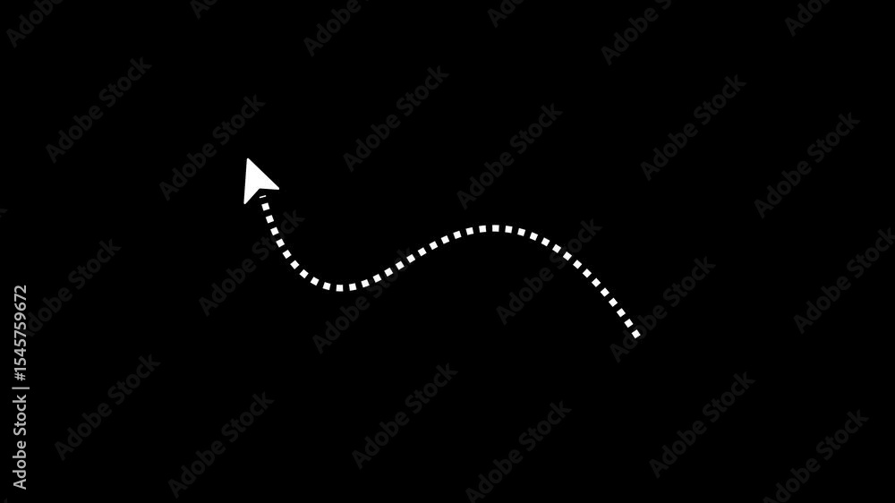 arrow animation following wavy dotted line, white arrow 4k video