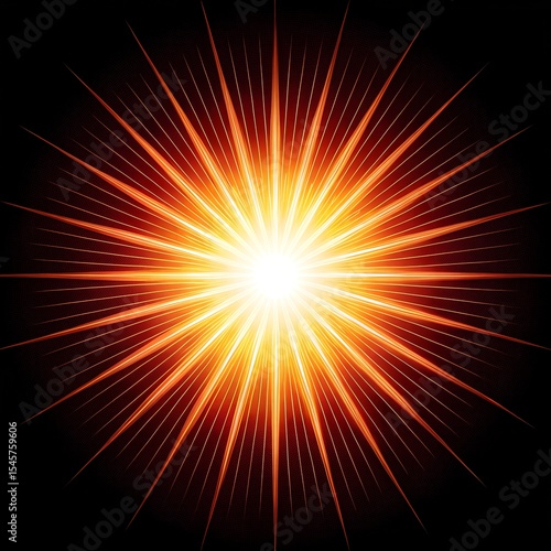 Bright starburst with yellow orange light beams radiating from center for dynamic graphics abstract fire background