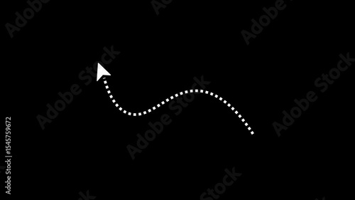 arrow animation following wavy dotted line, white arrow 4k video