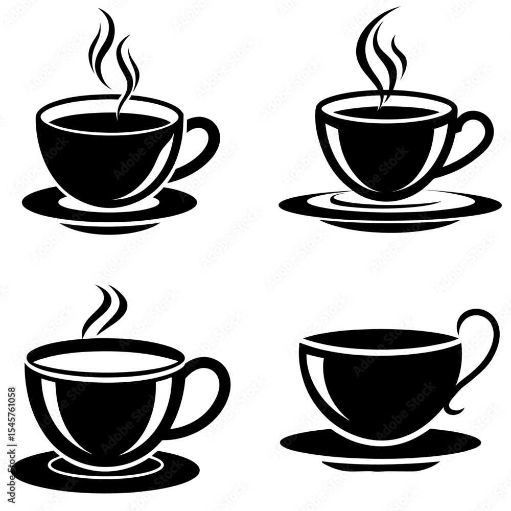 Obraz premium Four Black and White Illustrations of Coffee or Tea Cups with Saucers