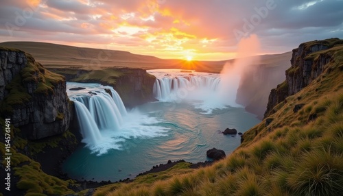 Majestic waterfall at sunrise over dramatic cliffs.
