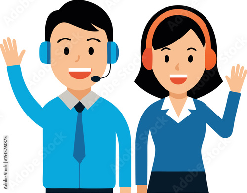 Smiling Male and Female Customer Service Duo Assisting Client