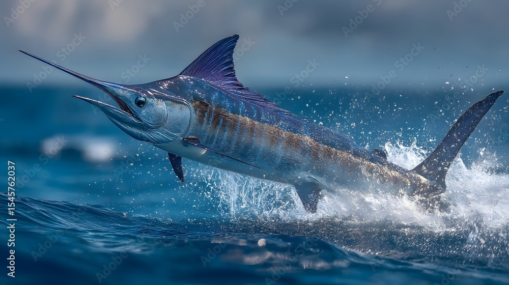 Fototapeta premium Blue marlin leaping out of the water in a dramatic arc