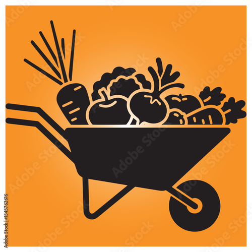 Black wheelbarrow filled with fresh harvested vegetables on orange background