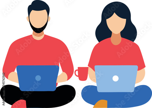 Male and Female Remote Work Pair Seated With Laptops