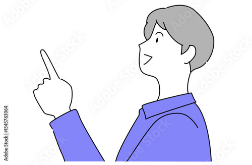 笑顔で何かを指さしている若い男性の横顔イラスト