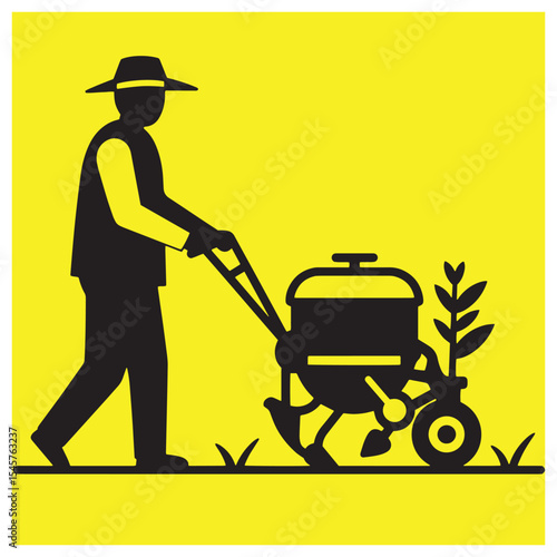 Farmer using a tiller machine cultivating garden soil in black and yellow illustration