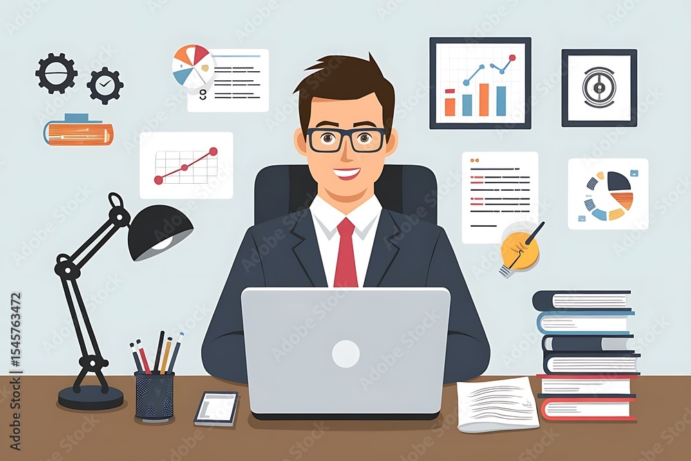 Flat Vector Art Of a Confident Office Worker with Glasses Working on Laptop, Representing Professionalism and Modern Corporate Success Flat Vector Art Of a Confident Office Worker with Glasses Working on Laptop, Representing Professionalism and Modern Corporate Success