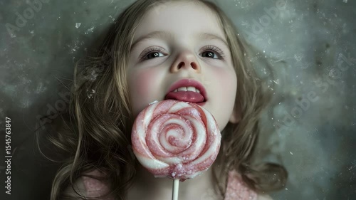 Little girl humorously enjoying a large lollipop in a playful moment, Child little girl funny licking a big candy lollipop