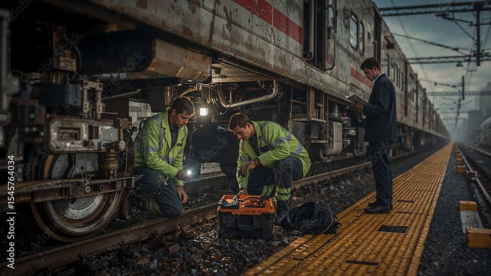 Fototapeta premium Workers Inspecting Train on Platform with Supervisor Reviewing Documents