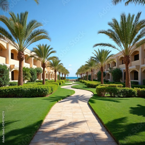 A walkway through a tropical resort complex.