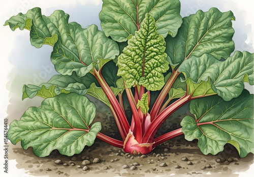 Watercolor painting showcasing a rhubarb plant with vibrant red stalks and green leaves, ideal for seed packaging or botanical illustrations