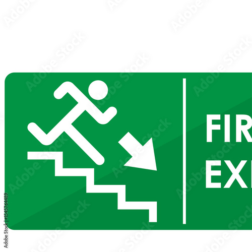 Emergency Fire Exit sign indicating a rapid descent. The image shows a pictogram of a person running down stairs