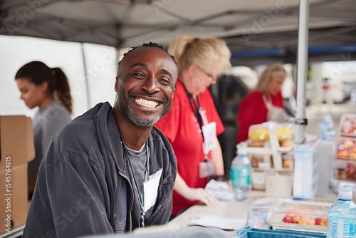 Volunteer event portrait smiling man helping community charity work food drive assistance program support charac