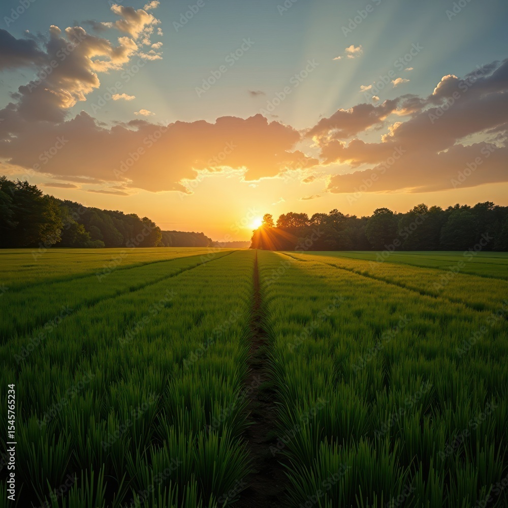 Fototapeta premium Lush green field at sunset with sunbeams.