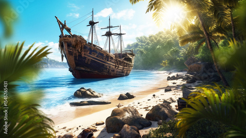 Old ship in the sea, A sailing ship anchored at the beach, pirate ship sailing on the sea
