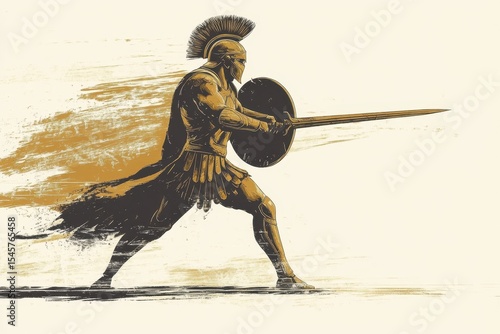Ancient warrior in battle stance with shield and spear during a dynamic confrontation against a backdrop of a stylized ancient battlefield