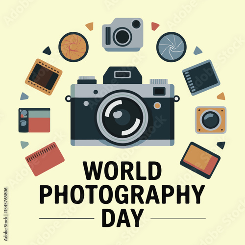 World Photography Day with Vintage Camera and Photography Elements Flat Illustration

