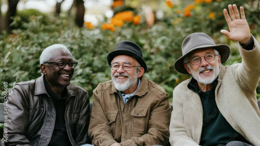 Happy senior male friends enjoying a joyful conversation outdoors in a garden setting on a sunny day, Happy senior male friends chatting and laughing together outdoors in the park Happy senior male friends enjoying a joyful conversation outdoors in a garden setting on a sunny day, Happy senior male friends chatting and laughing together outdoors in the park