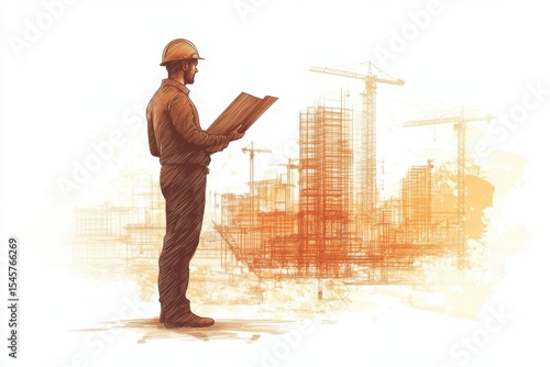 Construction worker reviews blueprints at a large building site during the afternoon, surrounded by cranes and developing structures