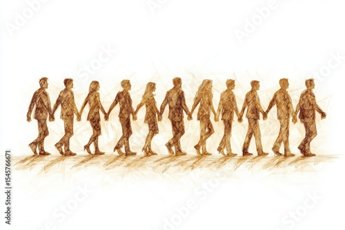 People holding hands in a line while symbolizing unity and connection during a community gathering at sunset by a scenic park