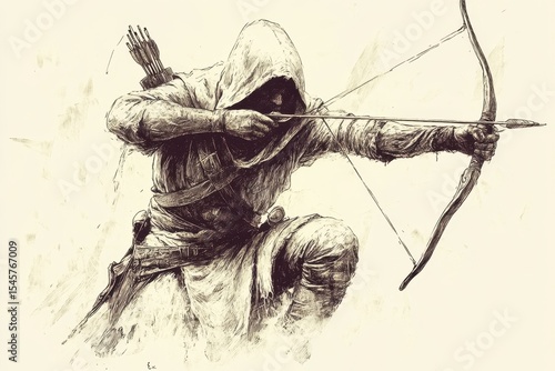 Dynamic archer in a hood aiming his bow with precision in a misty environment during twilight