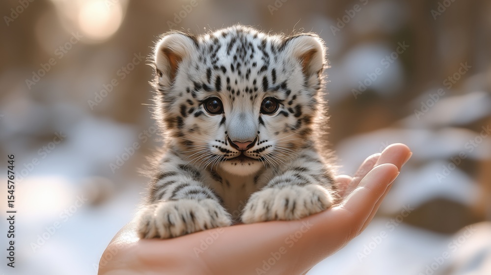 Obraz premium Tiny snow leopard cub in a hand, snowy blurred background.
