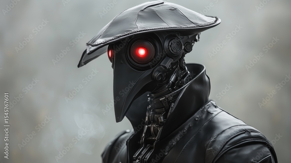 Fototapeta premium Robotic plague doctor with glowing red eyes, side profile.