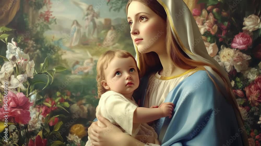 Mary and Jesus embrace lovingly in a garden of flowers during a serene moment in time, Mother Mary and Jesus as children seamless ing time lapse virtual video Background Mary and Jesus embrace lovingly in a garden of flowers during a serene moment in time, Mother Mary and Jesus as children seamless ing time lapse virtual video Background