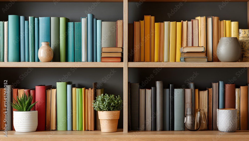Fototapeta premium Books Arranged on a Modern Wooden Bookshelf, Representing Knowledge, Education, and Interior Design Inspiration for Home Library Decor&nbsp;