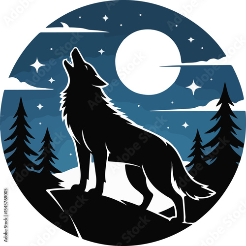 Howling wolf silhouette at night isolated on white background