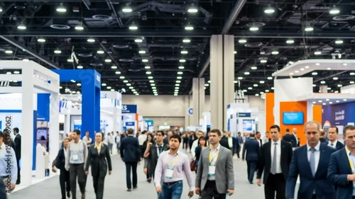 Business Convention with Crowds of Attendees Walking Through Exhibition Hall with Booths Displays and Overhead Lighting in a Large Structure