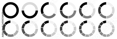 Circle division 1, 2, 3, 4, 5, 6, 7, 8, 9, 10, 11, 12 equal parts blank. Circle divided diagrams, sections, segments. Circle pie chart infographic wheel segment fraction. Infographic icons set vector.