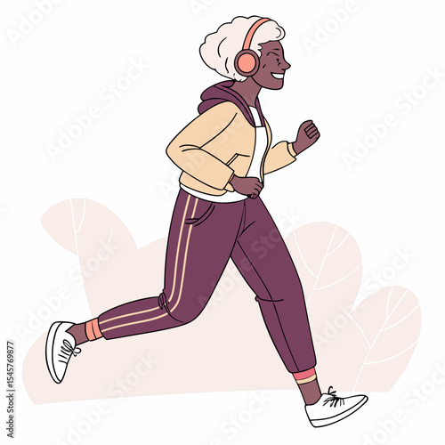 Active energetic happy gray haired afro american elderly woman running with headphones. Attractive looking mature woman keeping fit by jogging. Healthy women lifestyle. Isolated vector illustration