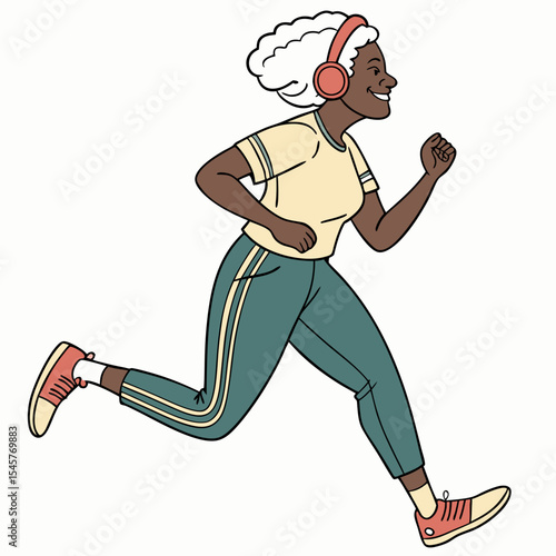 Active energetic happy gray haired afro american elderly woman running with headphones. Attractive looking mature woman keeping fit by jogging. Healthy women lifestyle. Isolated vector illustration