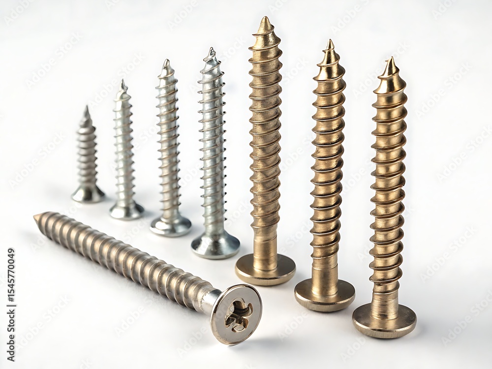 Various metal screws arranged in a row displaying different sizes and metallic finishes Various metal screws arranged in a row displaying different sizes and metallic finishes