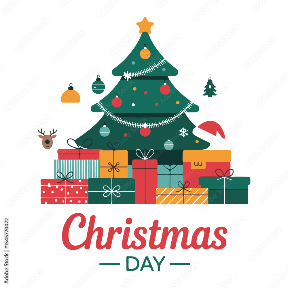 Naklejka premium Merry Christmas Decorated Tree with Presents and Snowflakes Flat Illustration