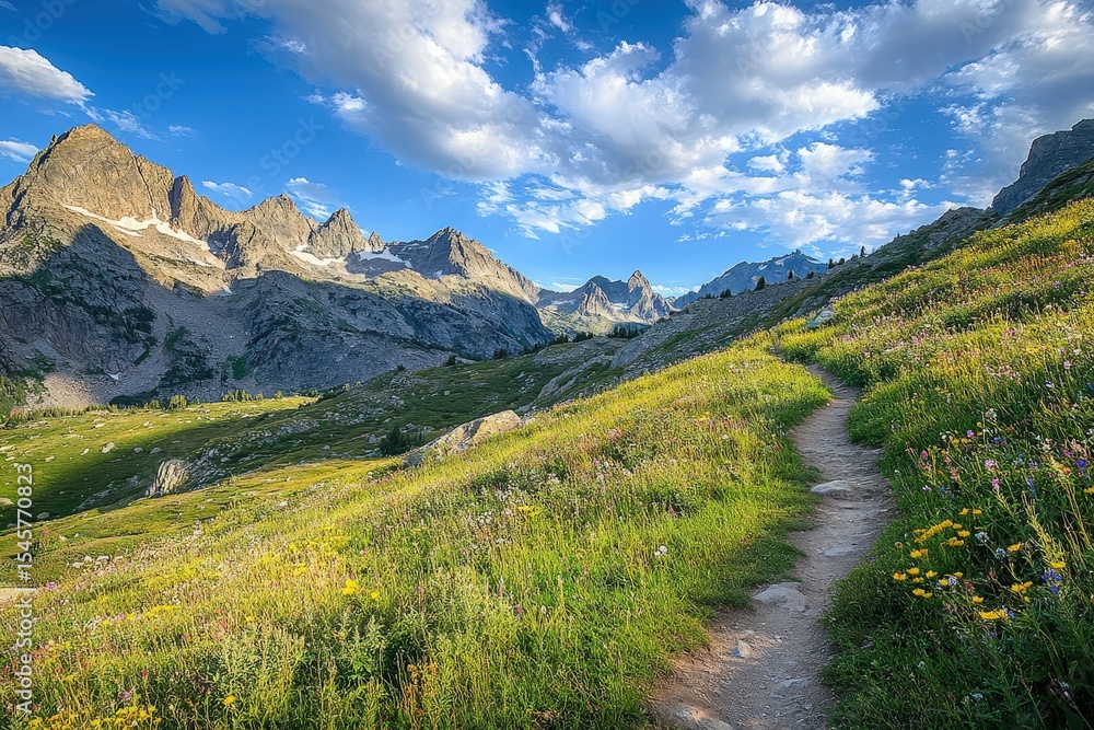 Hiking trail meanders through a vibrant meadow, beneath towering mountain peaks. Hiking trail meanders through a vibrant meadow, beneath towering mountain peaks.