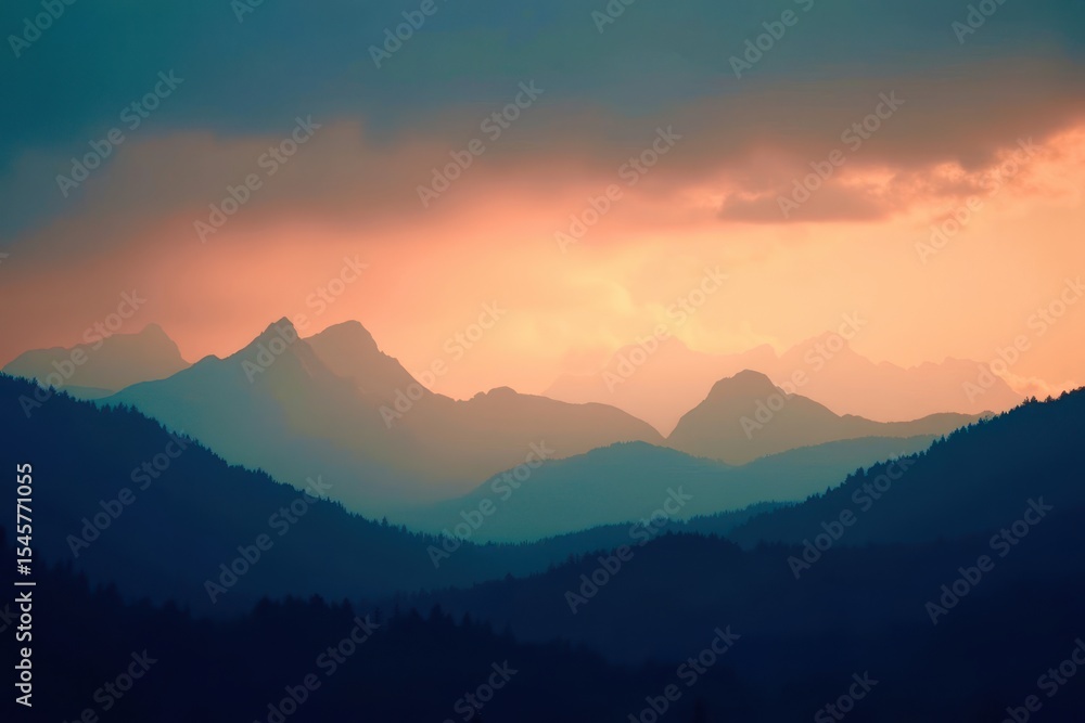 The mountains are covered in trees and the sky is a beautiful orange color The mountains are covered in trees and the sky is a beautiful orange color