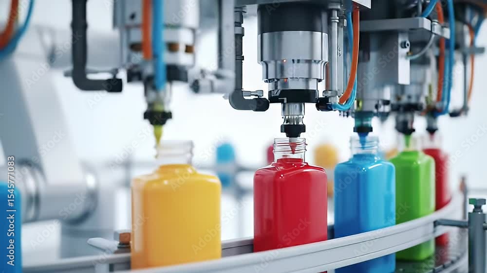 Robotic paint dispensers fill glass bottles on a conveyor belt system Robotic paint dispensers fill glass bottles on a conveyor belt system