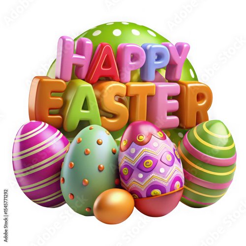 Happy easter 3d text with colorful eggs isolated on transparent background