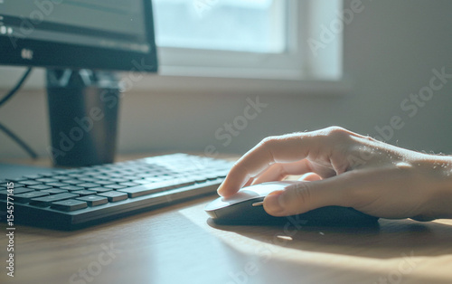 Finger gently clicking a wireless mouse on a wooden desk in front of a keyboard and screen, representing a focused digital workspace with natural light.