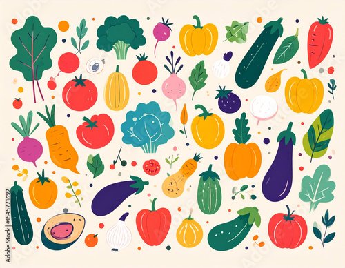 Colorful, Stylized Vegetable Illustration Featuring Tomatoes, Eggplant, Squash, and Broccoli on Cream Background.