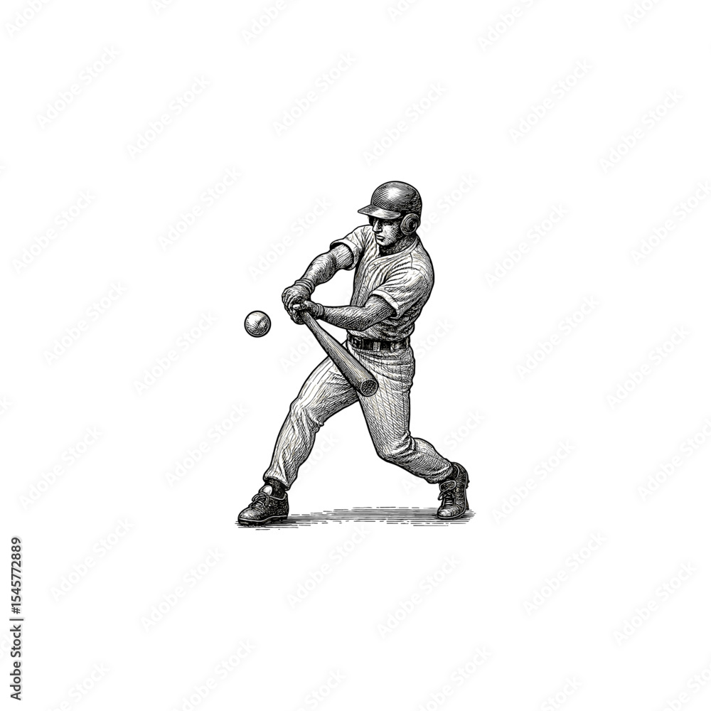 Engraved baseball player hitting the ball with bat, drawn in an engraved, woodcut style with fine details sketch engraving vector Engraved baseball player hitting the ball with bat, drawn in an engraved, woodcut style with fine details sketch engraving vector