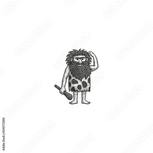 Caveman with baton Engraving Illustration, drawn in an engraved, woodcut style with fine details sketch engraving vector illustration. Scratchboard imitation. Black and white image. flat vector design