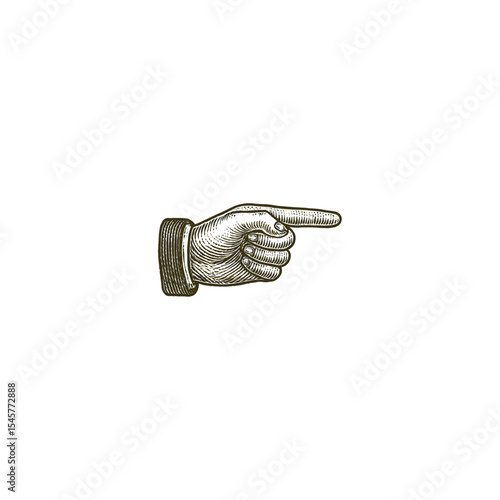 Engraved finger pointing, drawn in an engraved, woodcut style with fine details, sketch engraving vector. Flat Vector