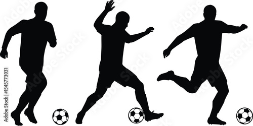 Silhouettes of three soccer players dribbling and kicking football, black vector illustration, dynamic sports action, isolated on white background, motion and energy concept