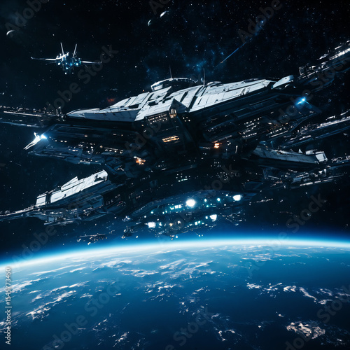 Wallpaper Mural Alien battle cruiser prepares attack while hovering over Earth’s orbit Torontodigital.ca