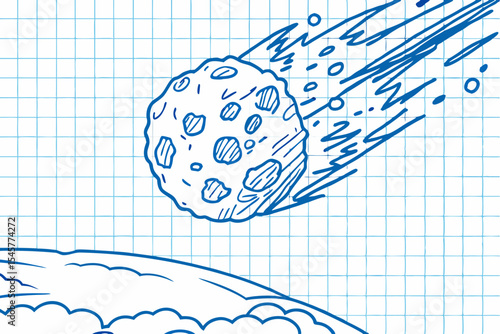 Asteroid approaching earth, sketched in blue, for science education